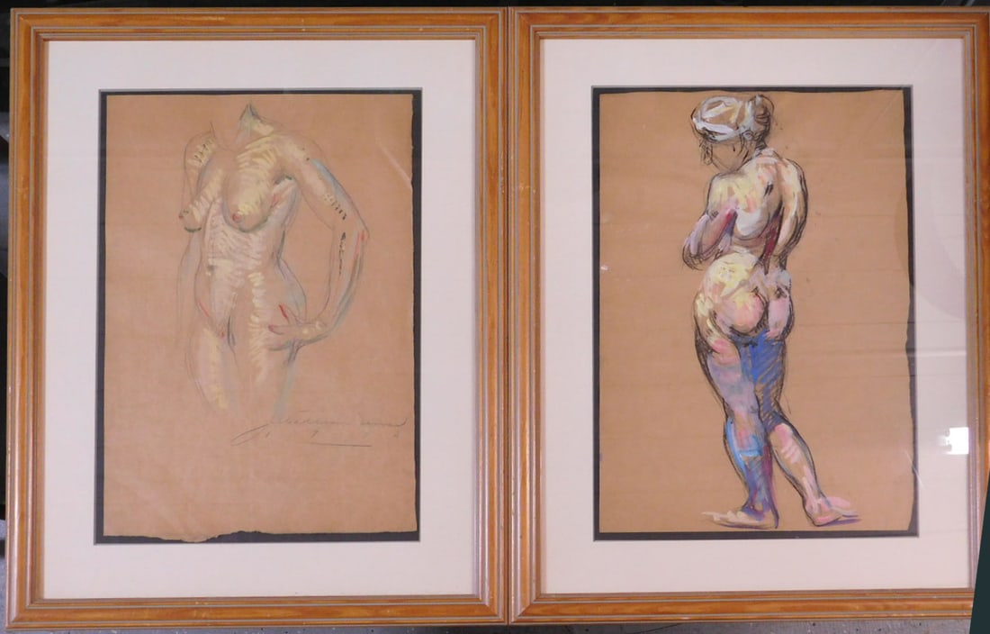 Pr Signed Female Nude Drawings: Pair Signed Female Nude Drawings, one signed J. William Serner? 1922, Gouache, pencil and charcoal on brown paper, weight 18" x 12", matted in wood frames, 25' x 19".CONDITION: Very fine. Not examined