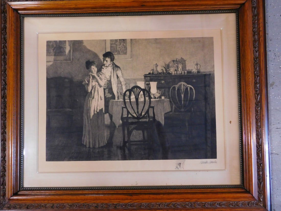 Large Scale Steel Engraving: Large Scale Steel Engraving, pencil signed illegibly, courting scene around a candlelit dining room table, sight 27" x 32', matted in carved oak frame 39" x 47", 19th / 20th C. CONDITION: Very good, l