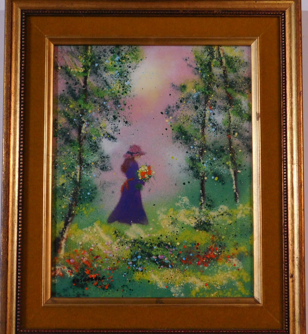 Rosenberg Enamel On Copper: Rosenberg Enamel On Copper, Paris 20th C, Impressionistic style maiden with bouquet in forrest setting, signed lower left, gilt frame, 13 1/4" x 11 1/4". CONDITION: VF.