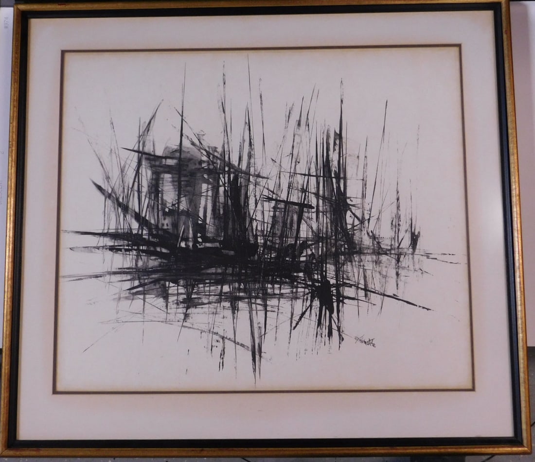 Motke Blum Modernist Abstract: Motke Blum Modernist Abstract, US / Israeli born 1925, monochromatic painting on paper, signed lower right, sight 19 1/2" x 22 1/2', matted in wood frame 26" x 29", mid 20th C. CONDITION: Very fine, l
