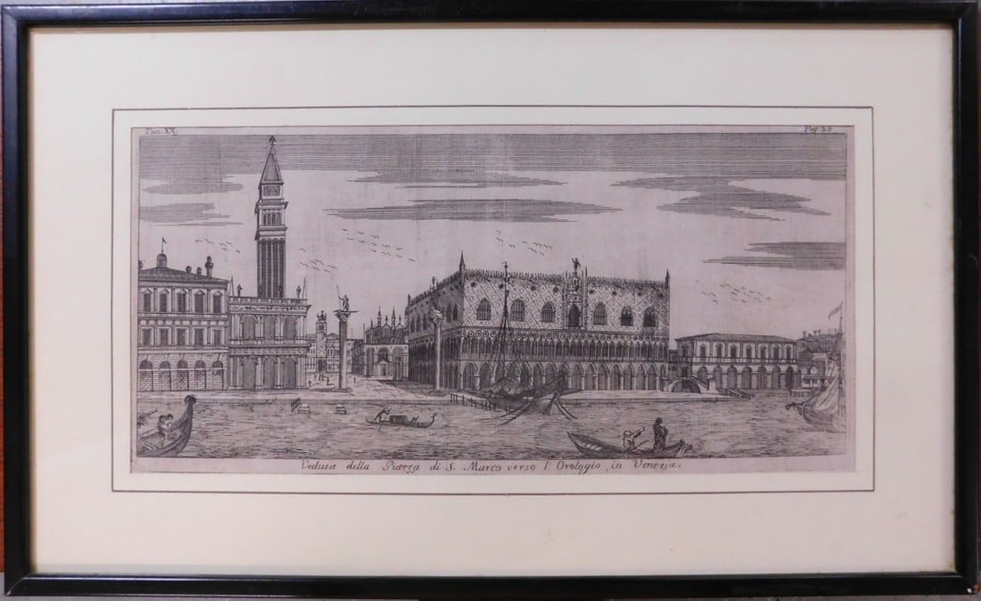 18th C. Venice Etching: 18th C. Venice Etching, unknown artist, "Veduta della Piazza di S. Marco" verso "Orologio in Venezia", plate Tom XX, Pag 20, sight 6 3/8" x 13 1/4",. matted in wood frame, 11" x 18". [7] CONDITION: Fo