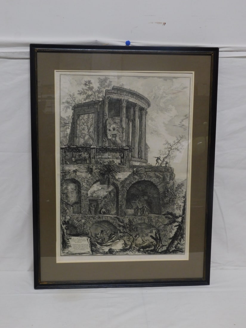Giovanni Battista Piranesi Etching: Giovanni Battista Piranesi Etching, Italy 1720 - 1778, "Altra Veduta del tempio della Sibilla in Tivoli", sight 25" x 17 1/2"; matted in wood frame, 32 1/2" x 24 1/2". [2] CONDITION: Very, very light 