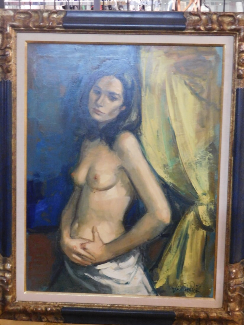 Jan De Ruth Nude Painting: Jan De Ruth Nude Painting, NY/Czech Republic, 1922-1991 signed lower left oil on canvas, half portrait of female nude, sight 16" x 12", gilt and carved frame 26 1/2" x 22". CONDITION: Very good.