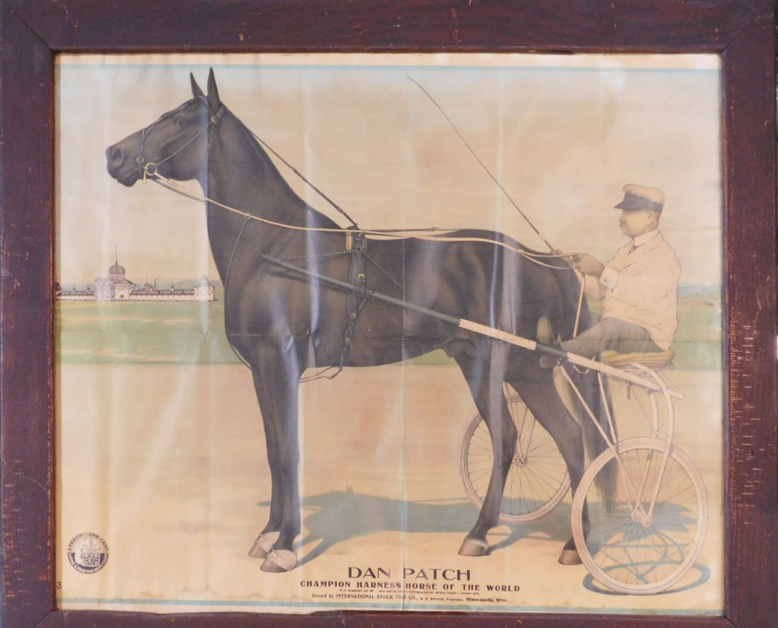 Antique Dan Patch Poster: Antique Dan Patch Poster "Champion Harness Horse of the World.... owned by International Stock Food Co. .... Minneapolis, Minn.", 1896-1916; sight 19 3/4" x 24", wood frame 23 3/4" x 28". CONDITION: F