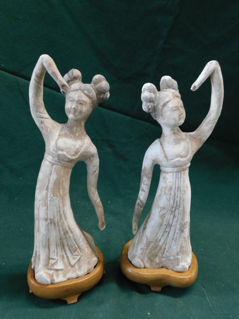 Pr Chinese Dancers: Pair Chinese Dancers, molded ceramic female dancers with painted facial features and hair, 17th to 19th C, approx. 10"h, recent fitted wood stands. CONDITION: Paint loss.