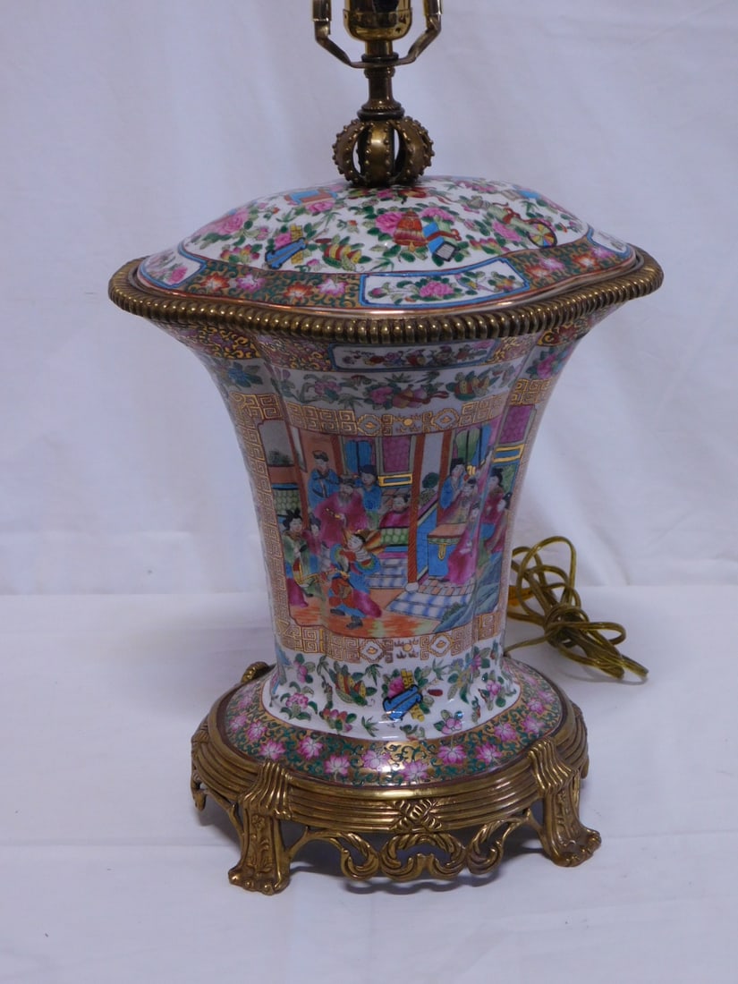 Rose Medallion Urn / Lamp: Rose Medallion Urn / Lamp, porcelain with figural court scene panels and overall floral and symbol designs and borders, brass base and top rim around porcelain lid, overall 29 1/2"h, late 20th C. COND