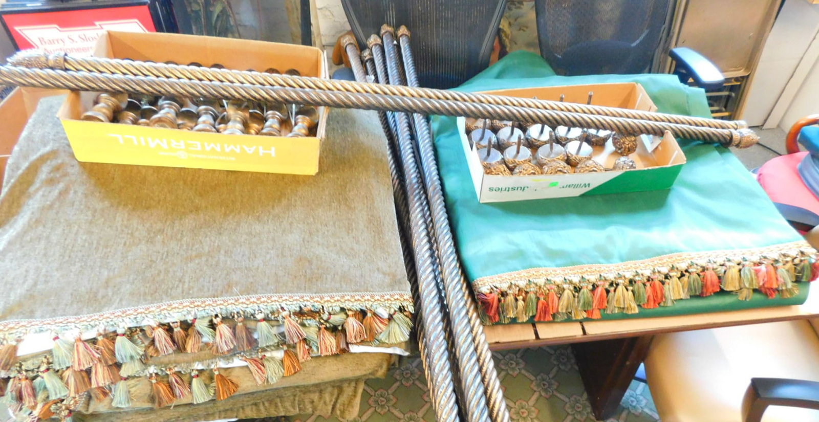 Formal Drapery Ensemble: Formal Drapery Ensemble, includes: four sets of green cloth tassel bordered drapes, 4'x8' with backings; six sets in brown, 4' x 8', sheared velour, ten twist turned and distressed gilt curtain rods, 