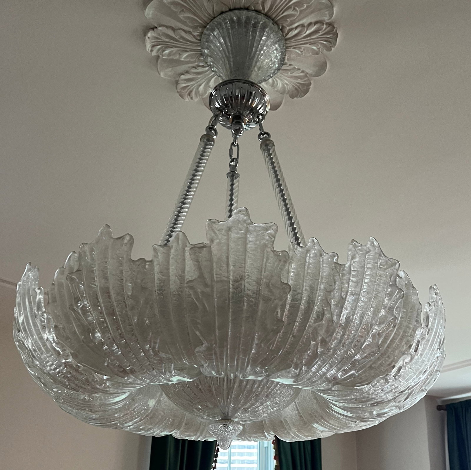 Murano Glass Chandelier: Murano Glass Chandelier, chromed wheel form frame holds twin rows of frosted ribbed glass, curved acanthus leaves, similar central bottom bowl, three spiral turned clear glass supports, 21st C, approx