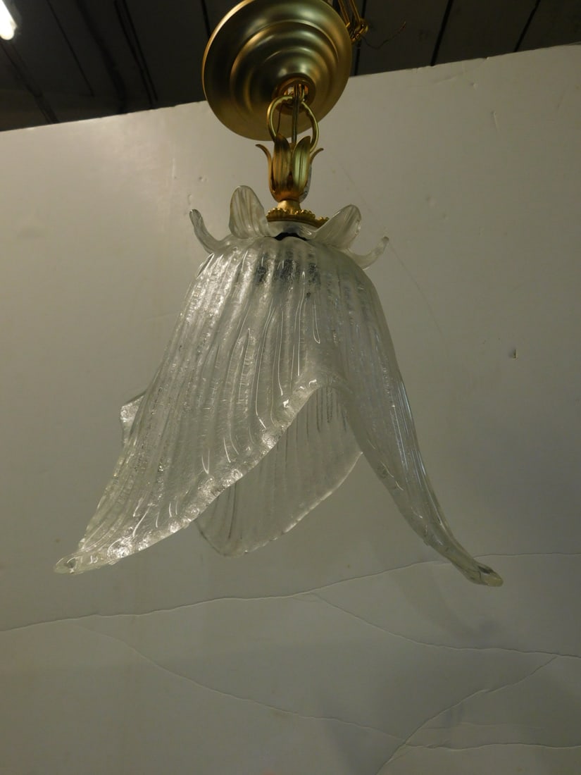 Murano Glass Hall Chandelier: Murano Glass Hall Chandelier, frosted and ribbed tulip form hanging shade, with Dore fittings, 21st C, 16"h, 13"d. CONDITION: No issues identified. Very good.