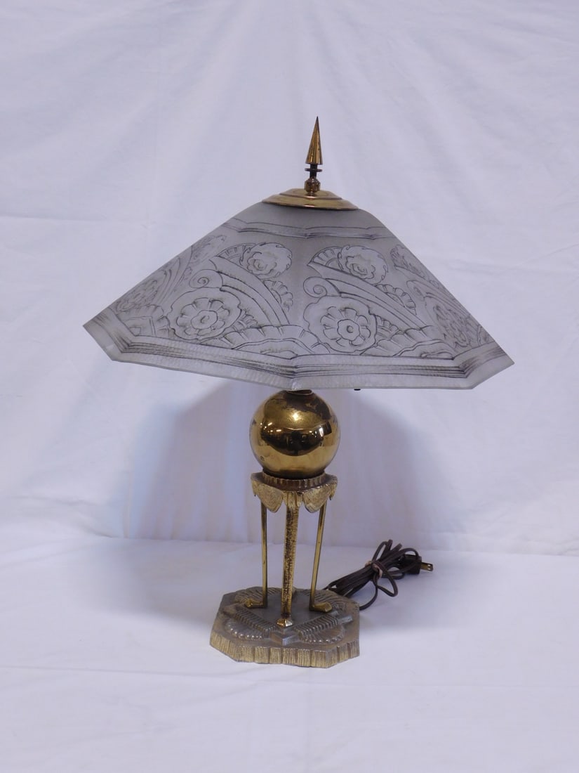 Art Deco Table Lamp: Art Deco Table Lamp, Cautum signed floral painted textured frosted glass eight panel shade, 18"d; on a brass and brass plated sphere on stand base, overall 23"h, early 20th C. CONDITION: Light brass w