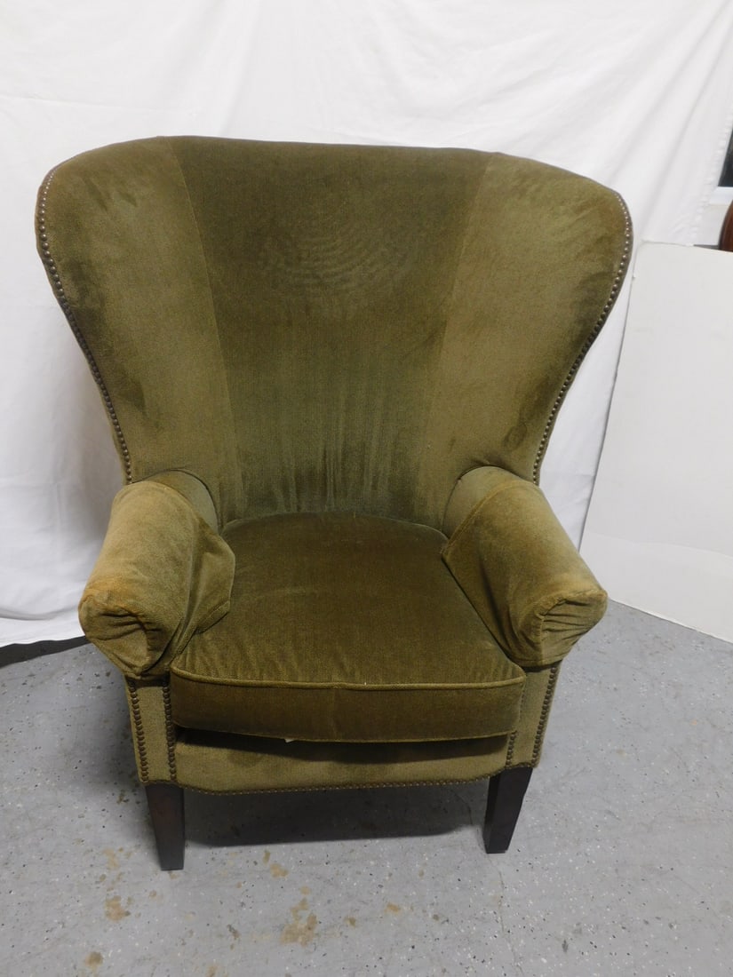 Federal Style Wing Chair: Federal Style Wing Chair, by Henredon, avocado velour upholstery, distressed mahogany tapered square legs, 21st C, 45 1/2"h. CONDITION: Good for age, light use.