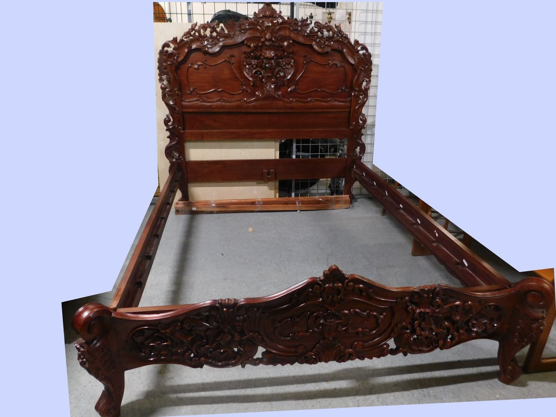 Rococo Style Bed: Rococo Style Bed, Mahogany high relief carved and pierced with flowers and acanthus scrolls, full size, late 20th C, 68" h, 72"w. CONDITION: No issues identified.
