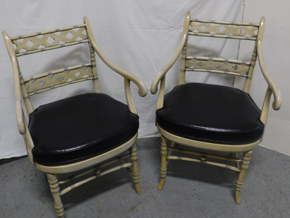Pr Sheraton Style Fancy Chairs: Pair Sheraton Style Fancy Chairs, antiqued white finished bamboo turnings, pierced back splats, black faux snake skin upholstered seats, open arms, 34 1/2"h, late 20th C. CONDITION: Very mild wear.
