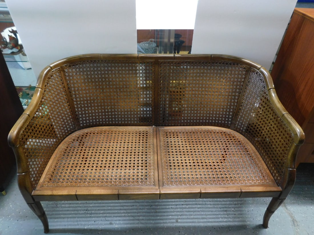Fr. Provincial Style Caned Love Seat: French Provincial Style Love Seat. bamboo carved Fruitwood, caned seat and back, yellow velour cushion, circa 1970s, 48"l, 29"h. CONDITION: Light usage.