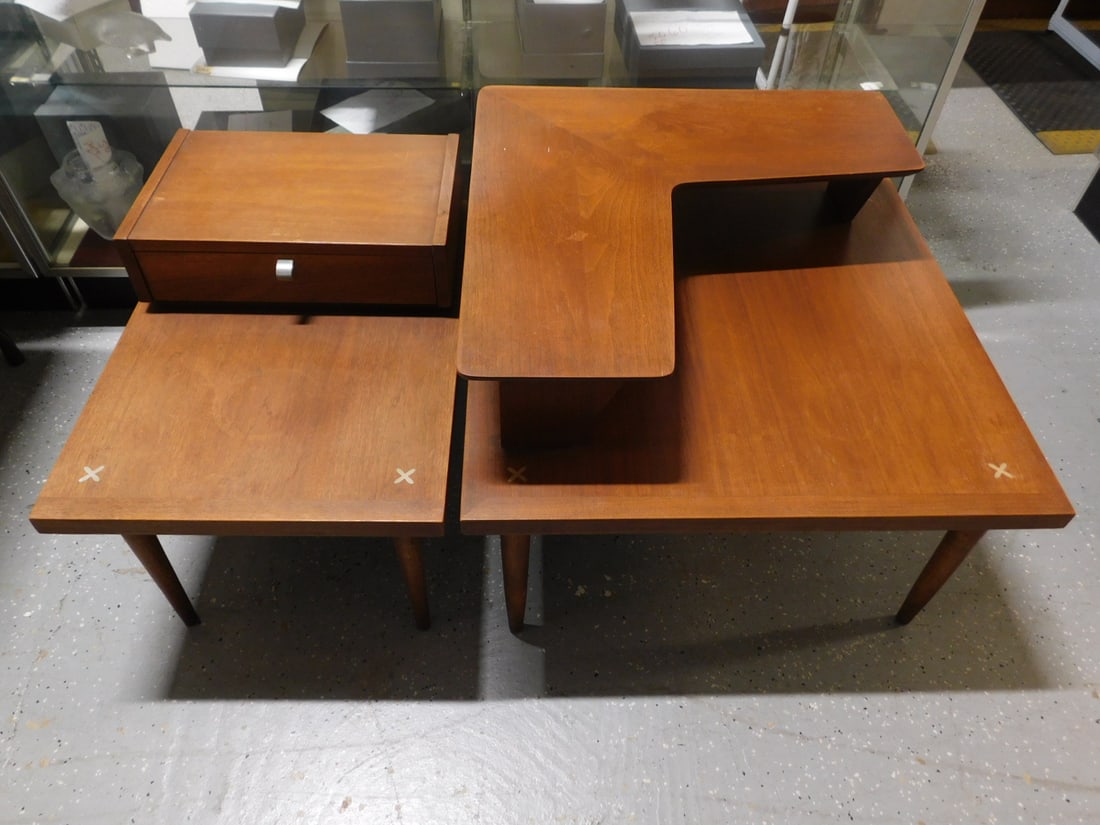 Amer. of Martinsville MCM End Tables: MCM End Tables, American of Martinsville, walnut with "X" form aluminum through mortise, includes: corner table with shelf, 31 3/4" x 31 1/4" x 23" and a step table with drawer, 28" x 20" x 21 1/2". C