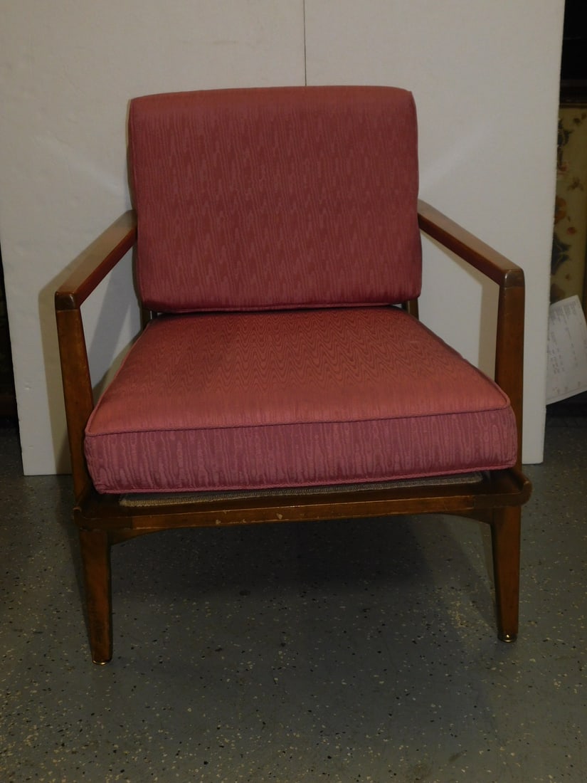 MCM Arm Chair: MCM Arm Chair,mixed woods, open arms, pink cloth cushions, 25"d, 30"l, 22" h to wood back. CONDITION: Nicks and scraps primarily along edges.