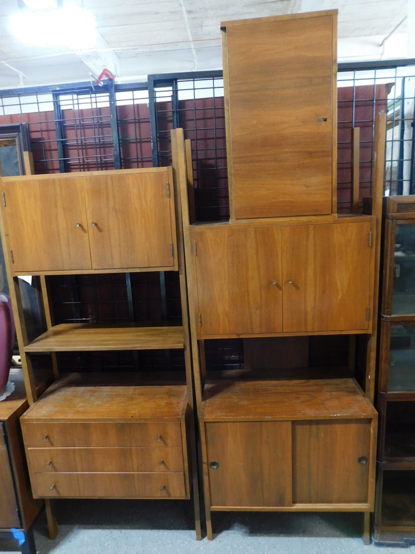 MCM Wall Units: MCM Wall Units, walnut, features units with shelves, doors or drawers are joined together by a drop front center bar, each unit 29 1/2" x 17 1/4" x 16 1/2", bar 28" x 16" x 12 3/4". CONDITION: A few s