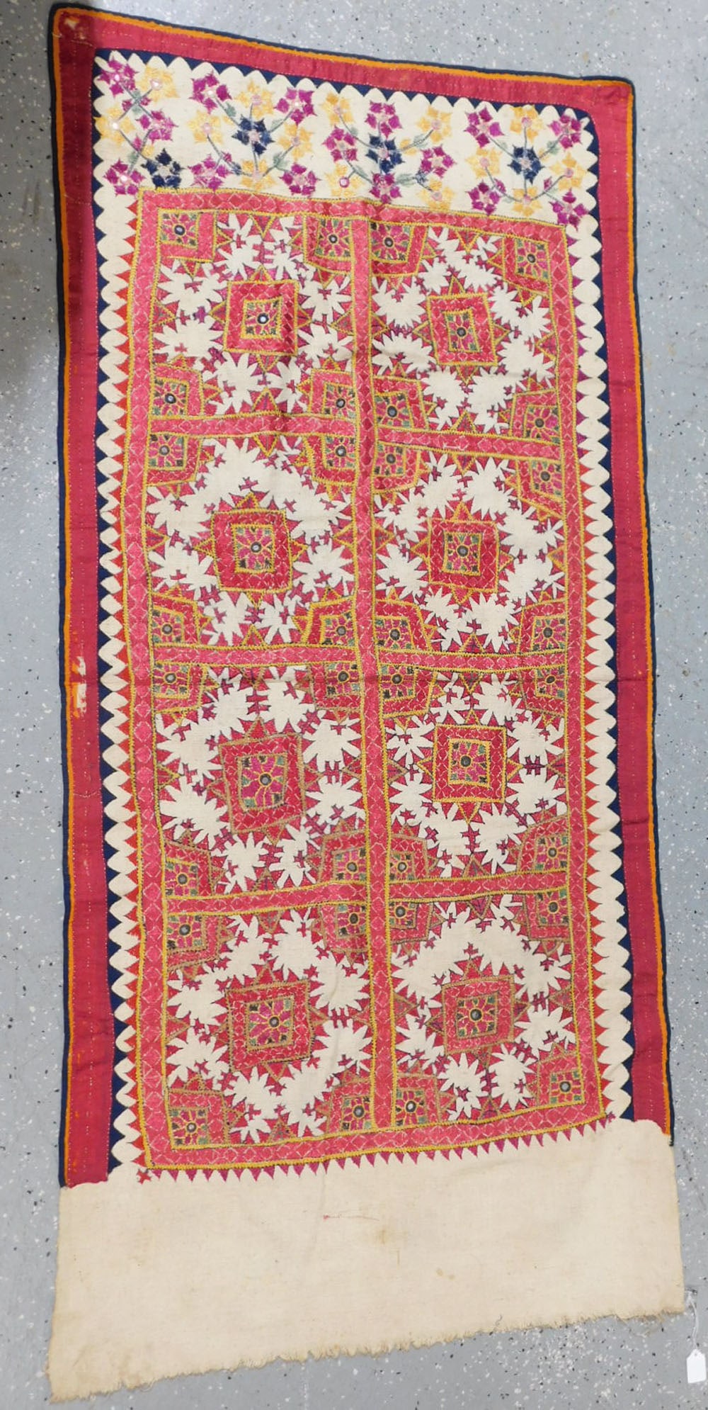 Turkish Wall Hanging: Turkish Wall Hanging, line with silk and other red, gold and green geometric embroidery, floral base border, early 20th C, 64" x 68' approx. [N] CONDITION: Light usage, small areas of silk wear and lo