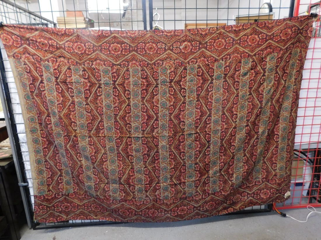Hand Woven Block Printed Bedspread: Hand Woven Block Printed Bedspread, 100% cotton, made in India, black ground with over all blues, reds and browns, floral field and borders, approx 100" x 108", mid 20th C. [1] CONDITION: Very fine, o