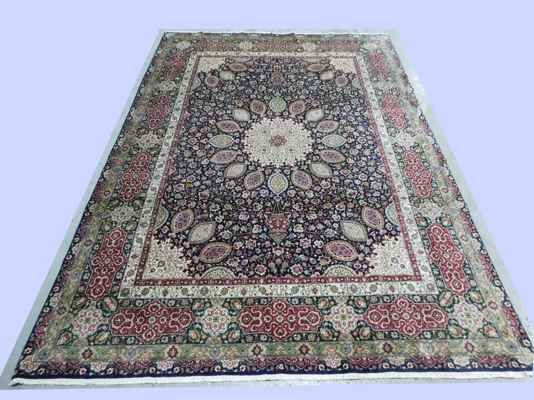 Persian Oriental Room Carpet: Persian Oriental Room Carpet, Iran, all wool, cobalt ground with overall multi color cartouche and floral field and multiple border, late 20th C, 13' x 9'8". CONDITION: Good for age. No issues identif