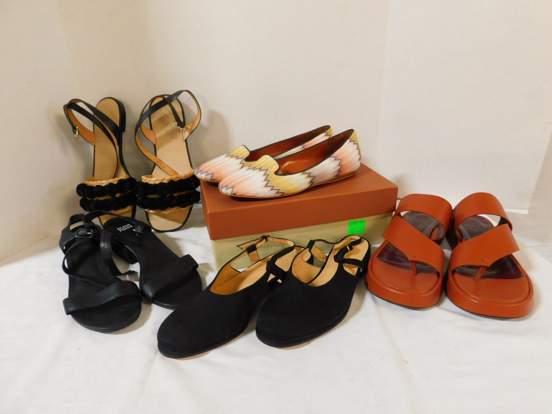 5 Pairs of Women's SHoes Missoni - Staud - Sz 9: 5 Pairs of Women's SHoes Missoni - Staud - Sz 9. Includes a pair of printed fabric loafer by Missoni Tessuto, size 39, never worn; black fabric sling backs by J. Crew, lightly worn; black leather low