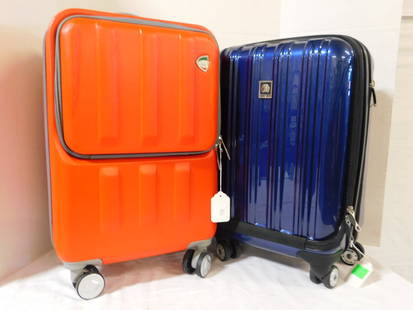 2 Hard Side Carry-On Spinner Suitcases: 2 Hard Side Carry-On Spinner Suitcases. Includes a red Mia Toro Italy hardside carry-on suitcase, combination/key locking, but missing key and combo, with original tags, measuring 22" x 13.5" x 9.5",