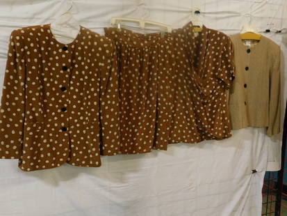 Christian Dior Ladies Jacket and Coordinates Skirt: Christian Dior Ladies Jacket and Coordinates. Includes a tan and brown graphic print, taon crop jacket, probably a size 8 or 10; and brown with white dots, silk jacket, probably a size 10, short sleev