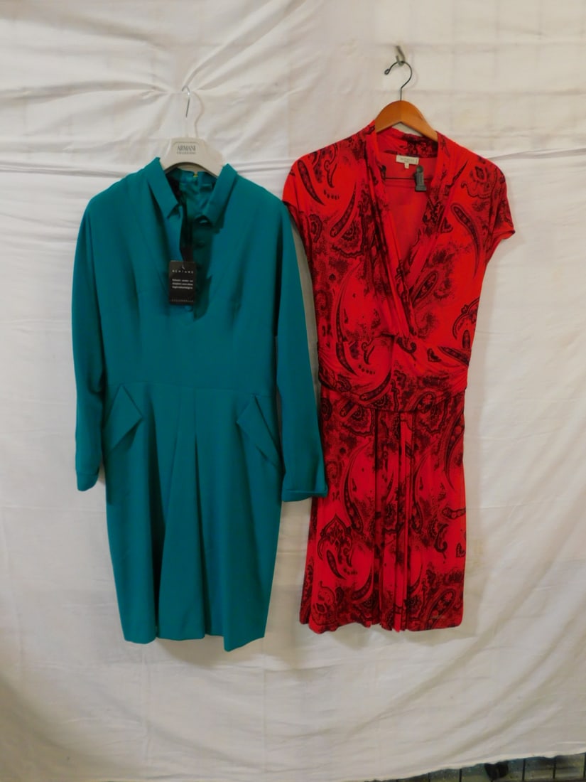 2 Dresses byL'Wren Scott & Etro: Two Dresses by L'Wren Scott and Etro, size 46, includes: an emerald green button front dress by Lauren Scott London, NWT, size 46 yellow, back zipper, front pockets. Also includes: a red with black pa