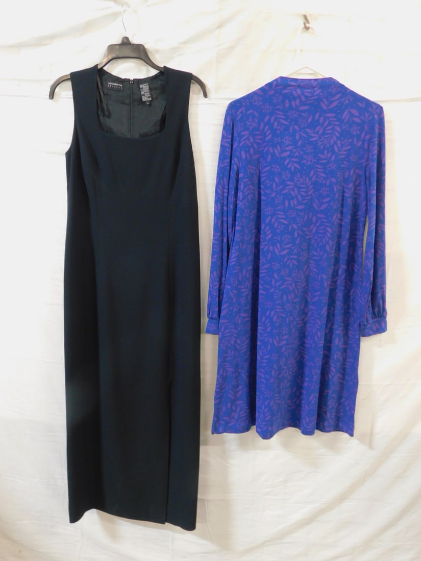 2 Dresses Claiborne Sjoden: Two Dresses Claiborne Sjoden, includes: a black sleeveless maxi dress by Liz Claiborne dresses, size 12, acetate - poly blend, back zipper, lined, front slit; and a blue and purple floral print, midi 