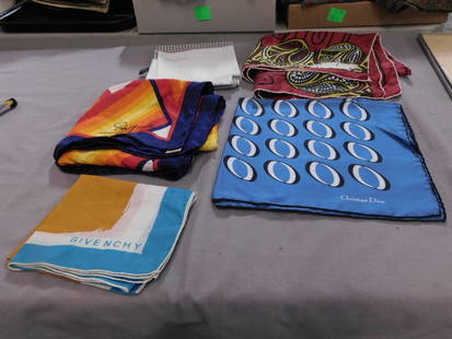 Designer Scarves: Designer Scarves, includes: Schiaparelli, signed silk, 26" x 56", red, orange, yellow, white and blue geometric glentey cloth label; Christian Dior silk 18" x 18", blue with black and white rings; Pie