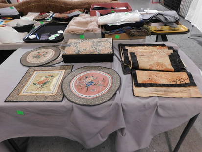 Chinese Silk Embroidered Scarves & Box: Chinese Em,broidered Silk Scarves and Box, six scarves with gold and other threads in floral, fan and other designs; black silk borders, 20th C, largest 20 1/2" x 10 1/4", plus a 9" x 12" x 2 1/2" box