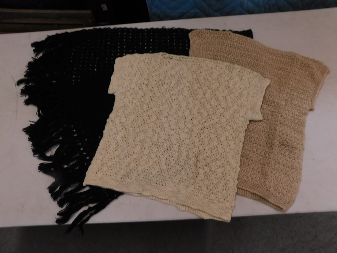 Crocheted Clothing: Crocheted Clothing, two tan and egg shell short sleeve blouses and a black shawl. CONDITION: Very fine.