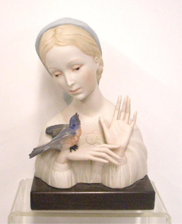 Cybis Madonna With Bird Bust: Cybis porcelain 10" x 7" #2148 C Madonna with Bird bust figurine mounted on wood base, overall size is 11" x 7 1/2". CONDITION: Very good with no damage.