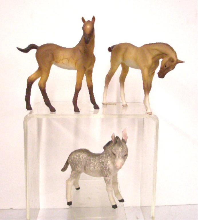 Cybis Burro & Horse Figurines: Cybis porcelain 7" x 6 1/4" #632 Burro Fitzgerald & 8 3/4" x 8 1/4" Darby & Joan Figurines. CONDITION: Burro is very good with no damage, Darby & Joan figures are detached.