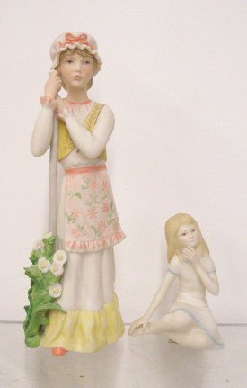 Cybis Little Bo Peep & Thumbelina Figurines: Cybis porcelain 9 1/2" #498 Little Bo Peep & 4" Thumbelina figurines. CONDITION: Top of staff is broken off on Little Bo Peep, Thumbelina is missing 1 finger on right hand.