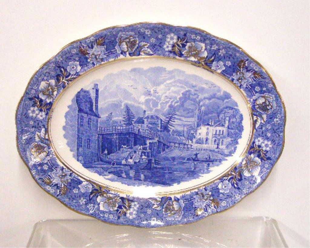 Pallisy Thames River Scenes Platter: A.E. Jones & Sons Pallisy china blue Thames River Scenes (Datchet-Bridge-Bucks) 12" oval platter. CONDITION: Crazing.