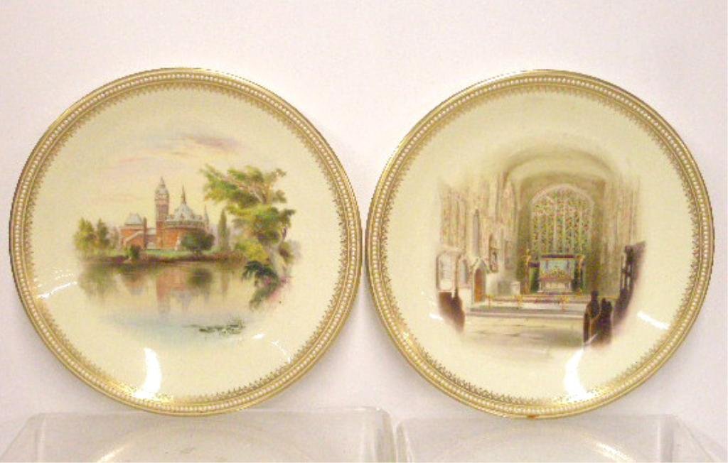 Royal Worcester Stratford Scene Plates: Pair of early 20th c. Royal Worcester porcelain Stratford scene 9" hand painted plates, "Memorial Theatre" & Shakespeare Burial Place, Stratford Church". CONDITION: Both are very good with minor wear.