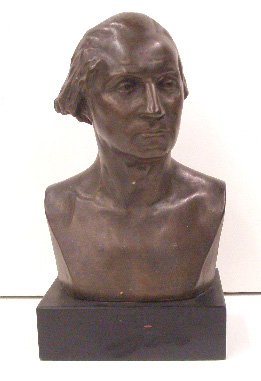 James Wilson MacDonald George Washington Bust: c. 1899 James Wilson MacDonald signed 9" x 5 1/4" patinated composition George Washington bust sculpture mounted on a wood base, overall size is 10 1/2" x 5 1/4" . CONDITION: Areas with minor wear & o