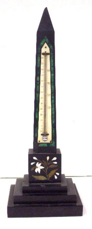 19th c. Slate Pietra Dora Obelisk Thermometer: 19th c. slate Pietra Dora floral decorated 18 1/2" x 6 1/2" 5" Obelisk form thermometer with malachite inlay & ivory temperature panel. No International or California shipping for this item. CONDITION