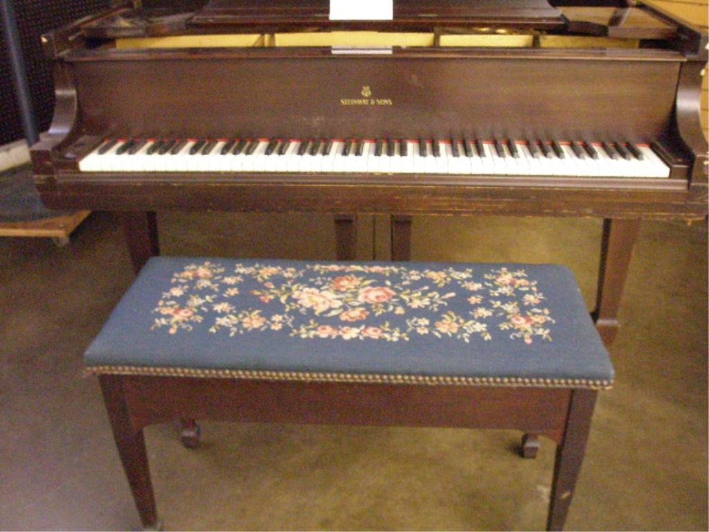 Steinway & Sons M Grand Piano: Steinway & Sons M Grand Piano & needlepoint seat bench, mahogany, ivory keys,serial #265452. No International or California shipping for this item. CONDITION: Some chips & scratches & finish losses.