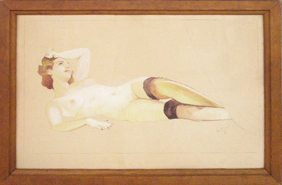 Leo J. Proppert, gouache, Illustration Art: Leo J. Proppert [19]40, signed and dated, gouache and graphite, Reclining Female nude (Illustration art). 19"h x 29"w=image (sheet). CONDITION: Descriptions provided in both printed and on-line catalo