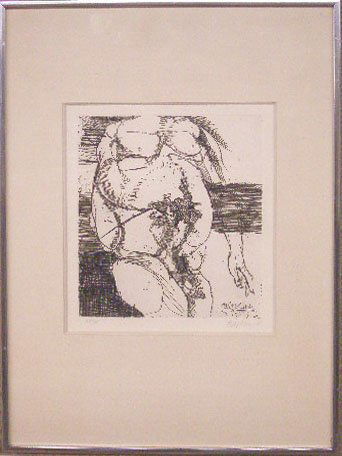 Leonard Baskin, etching, Figural Abstract: [Leonard Baskin, 1967, signed and dated, etching [38/90], Figural Abstract. 11 1/2"h x 10"w=image(sight). CONDITION: Descriptions provided in both printed and on-line catalogue formats do not always i