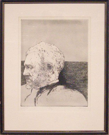 Leonard Baskin, etching, "Eakins": [Leonard] Baskin, signed, etching [85/90], "Eakins". 20"h x 14"w=image (sight). CONDITION: Descriptions provided in both printed and on-line catalogue formats do not always include condition reports.