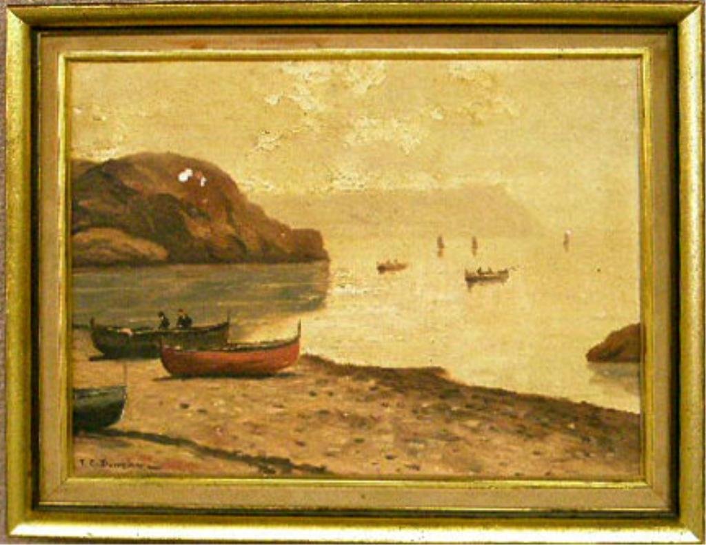 T.C. Duncan, Oil, Coastal Scene: T.C. Duncan, oil on board, coastal scene. 11 1/2h x 15 1/2w = image Condition: Several small areas of paint loss in mountain & in sky, upper left edge.