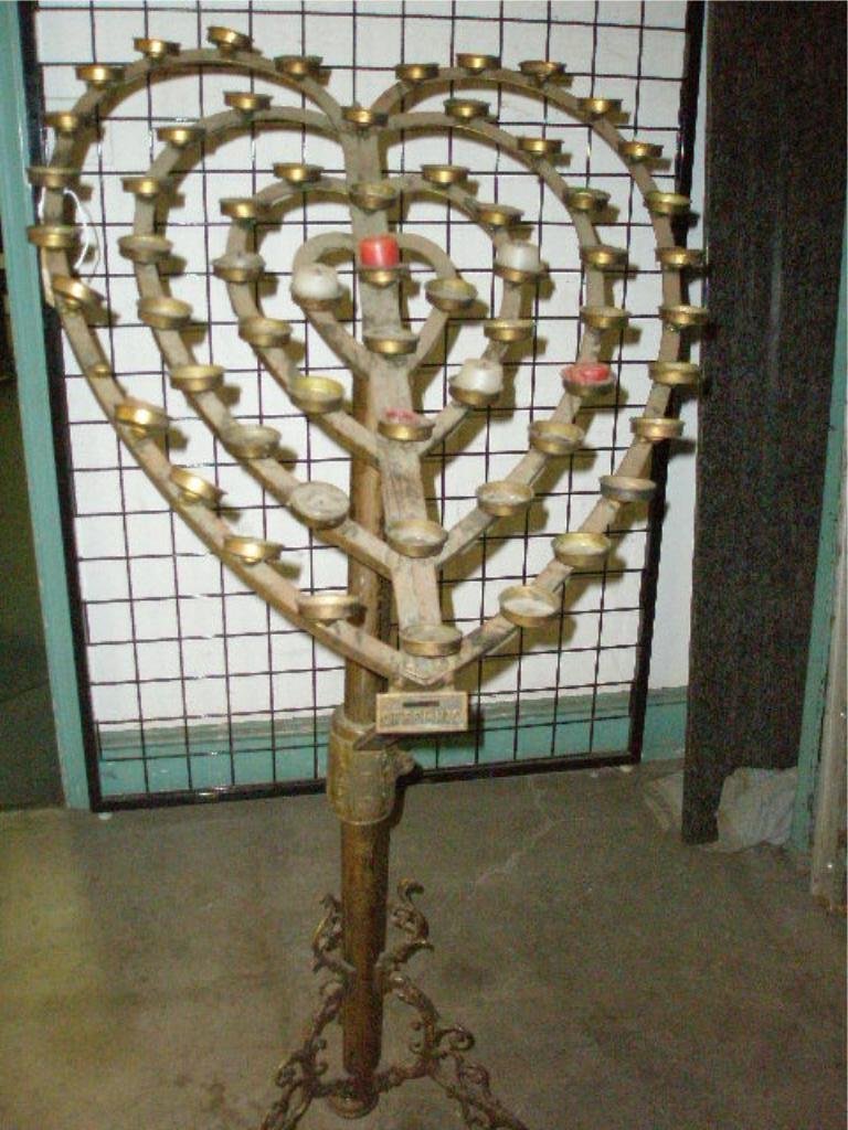 Heart Shaped Wrought Iron Candle Votive: Heart shaped wrought iron candle votive on ornate stand with offering box. c. 1900. CONDITION: Normal patina wear & wax drippings.