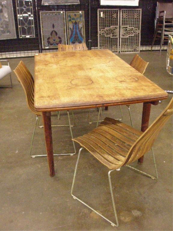 Danish Modern Dining Room Set: Mid century modern five piece dining room set, includes: five bent slat chairs on chrome rod bases by Hove Mobler, Norway & a teakwood draw leaf table made in Denmark. Condition: All poor.