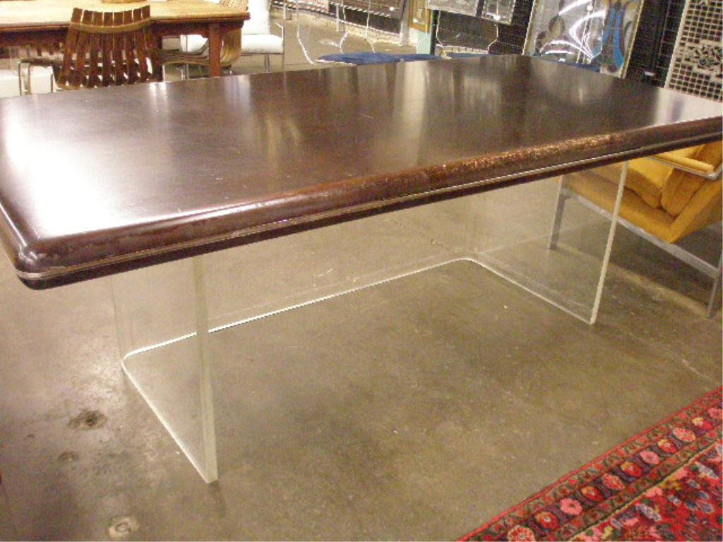 Mid Century Modern Executive Desk: Mid century modern executive desk, mahogany top with drawer over lucite base. CONDITION: Descriptions provided in both printed and on-line catalogue formats do not always include condition reports. Th