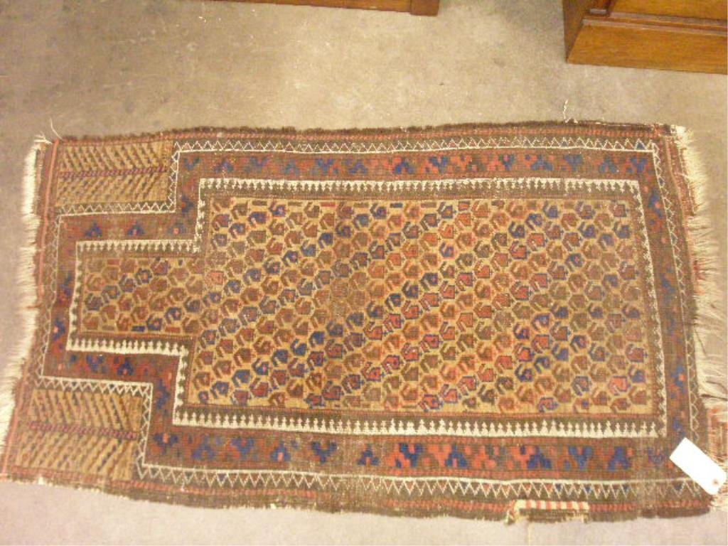 Antique Turkoman Prayer Mat: Distinctive antique Turkoman Prayer Mat, geometric repeat field with typical palette; Tree of Life panels flanking the mihrab. 3' 10" x 2' 3". CONDITION: moderate and sporadic wear throughout; small a