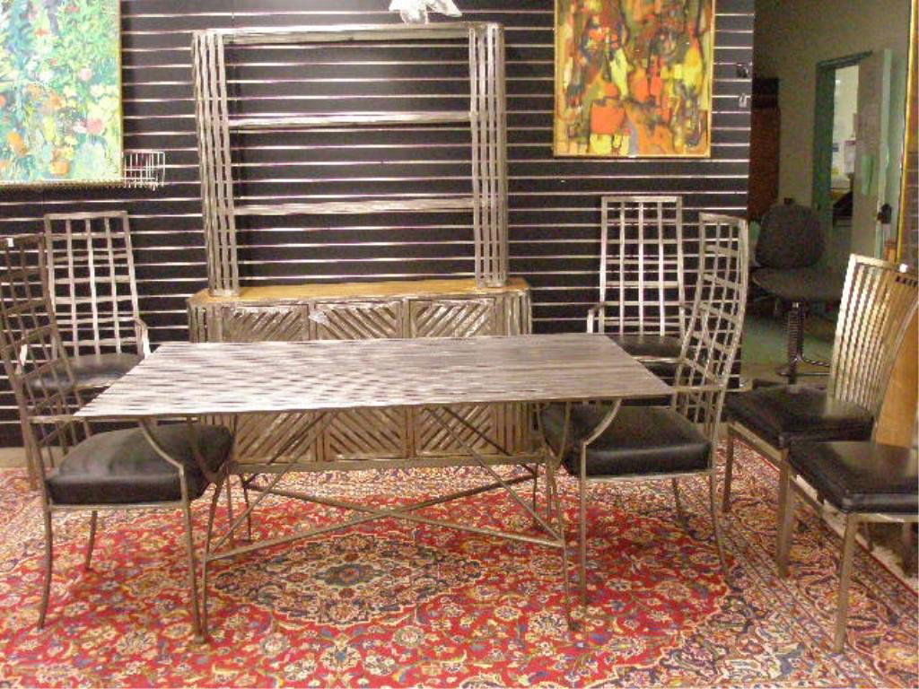 Shaver Howard Co. Steel Dining Room Set: Shaver Howard Co., Industrial style 8 piece dining room set, includes: table, four arm & two similar side chairs with leather seats, two part hutch with glass shelves & oak counter top, c. 1960. Condi