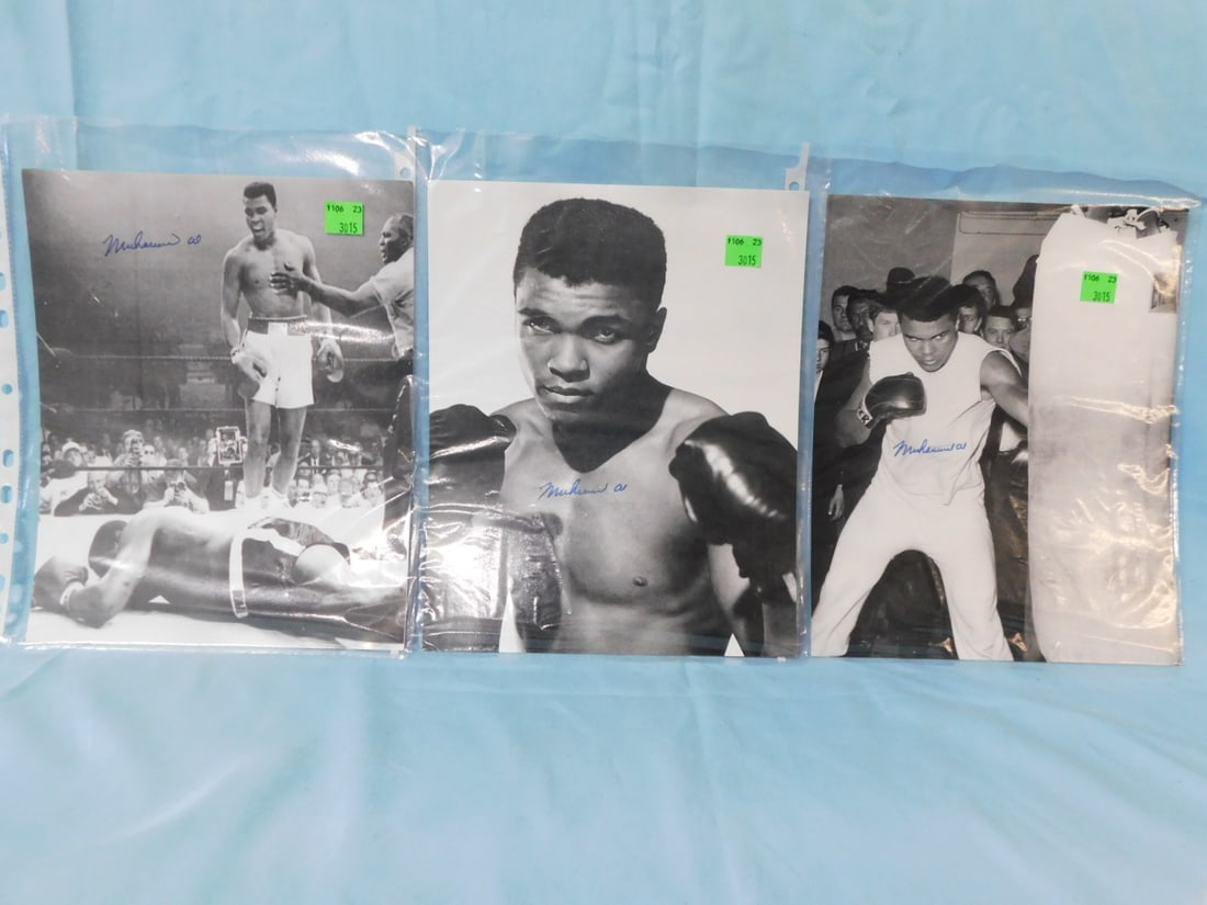 3 Muhammad Ali Signed Photos: Three Muhammad Ali Signed Photos, all 8" x 10", black and white including: Sonny Liston Knock out, boxing in front of press and boxers pose. CONDITION: Very good.